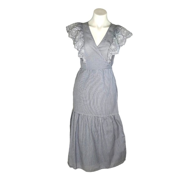 GAP Women's Striped Lace Midi Wrap Dress Tie Waist Flutter Sleeve Blue Size M - Picture 5 of 9